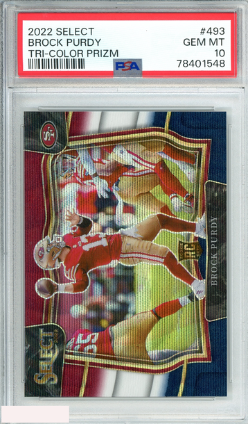 2022 PANINI SELECT BROCK PURDY #493 TRI-COLOR PRIZM 4 OF 75 RC PSA 10 GEM MT