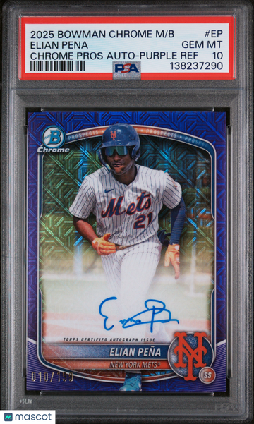 2025 Bowman Chrome Mega Box Chrome Prospects Autographs Elian Pena #EP Purple Ref /199 PSA 10