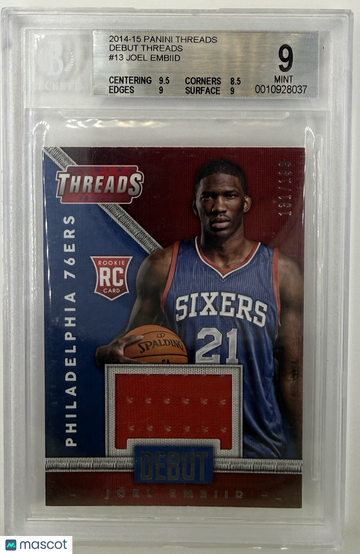 2014-15 Panini Threads Joel Embiid #13 Rookie Memorabilia Insert BGS 9