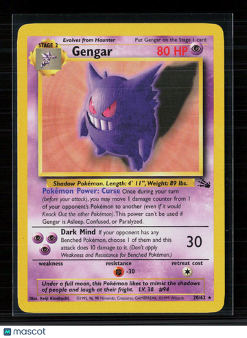 1999 Fossil Gengar Rare #20/62