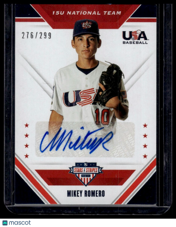 2020 Panini USA Baseball Stars & Stripes Mikey Romero #15U-MR 15U National Team Signatures SN AU