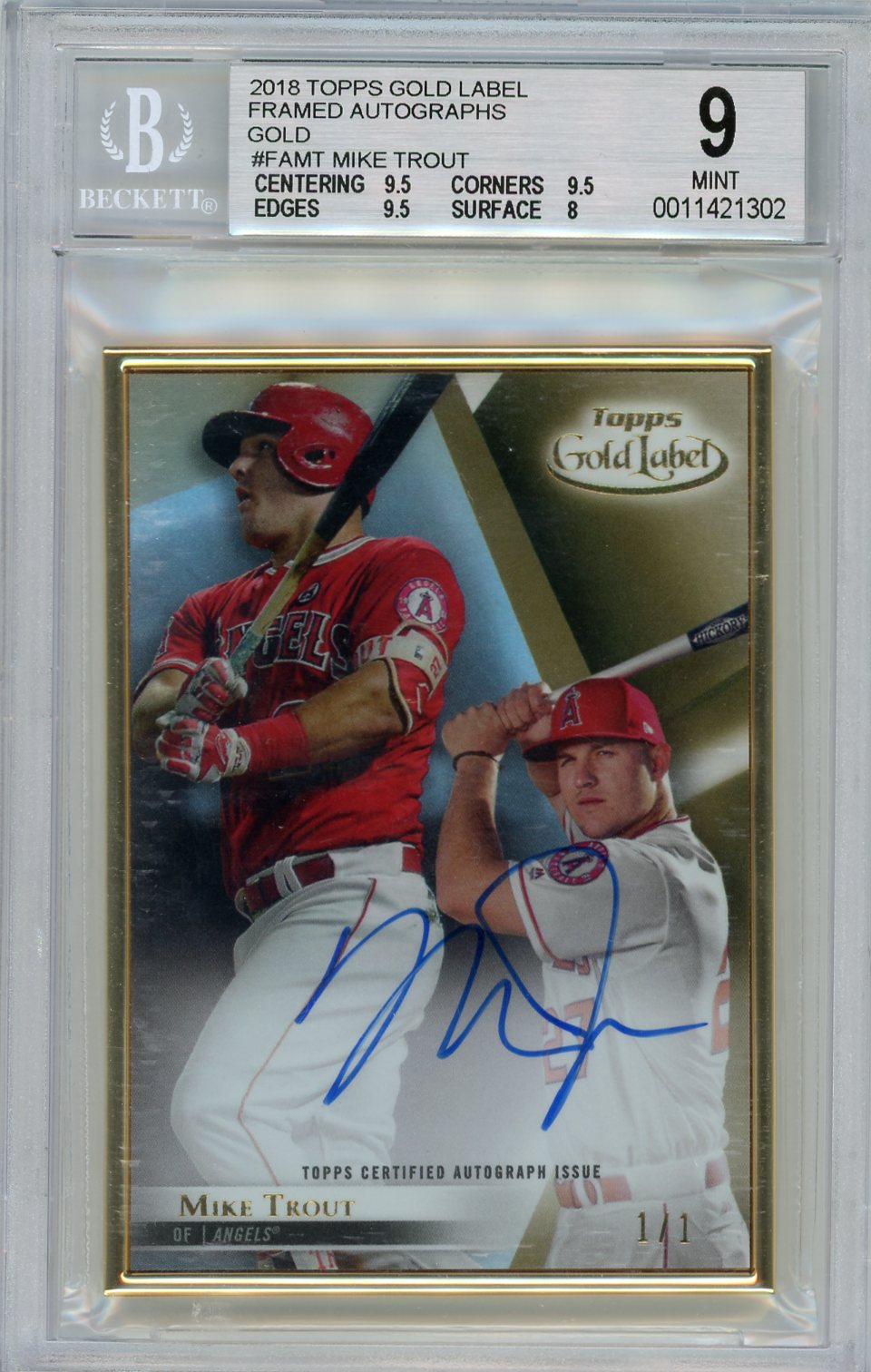 2018 Topps Gold Label Framed Autographs Gold Mike Trout #FAMT /1 BGS 9