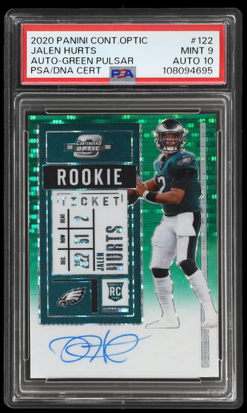 2020 Panini Contenders Optic Jalen Hurts Autograph Green Pulsar PSA 9 RC AUTO