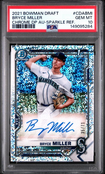 2021 Bowman Draft Chrome Autograph Sparkle Refractor Bryce Miller #CDABMI /71 PSA 10