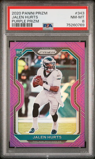 2020 PANINI PRIZM JALEN HURTS PURPLE PRIZM #343 ROOKIE RC #/125 PSA 8