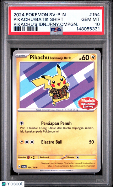 2024 Pokemon Indonesian SV-P Promo Pikachu Pikachu's Idn.Jrny.Cmpgn. PSA 10 #154