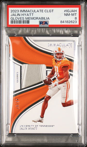 2023 Panini Immaculate Collection Collegiate Immaculate Gloves Memorabilia Jalin Hyatt #IGJAH PSA 8