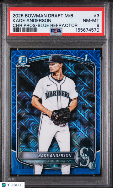 Kade Anderson 2025 Bowman Draft Mega Box Chrome Prospects Blue Refractor /150 PSA 8
