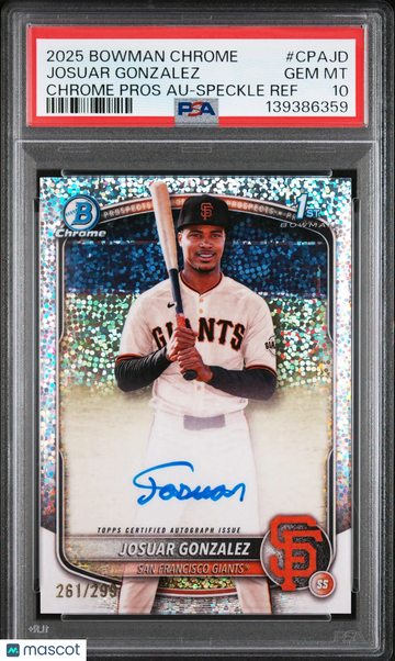 2025 Bowman Chrome Prospect Autographs Josuar Gonzalez #CPAJD Speckle Ref /299 PSA 10
