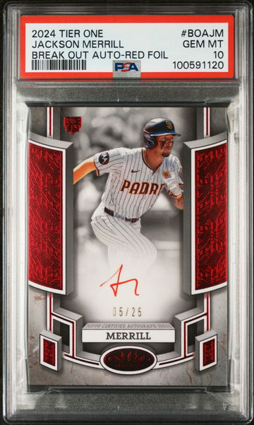 2024 Topps Tier One Red Foil Jackson Merrill #BOAJM Auto /25 PSA 10