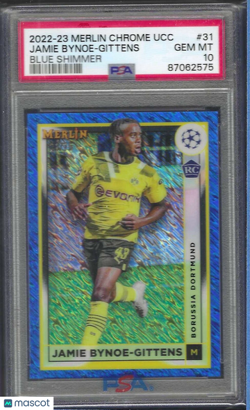 2022-23 Topps Merlin Chrome UEFA Club Competitions Jamie Bynoe-Gittens #31 Blue Shimmer PSA 10