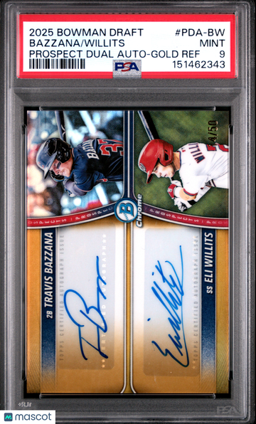 2025 Bowman Draft Prospect Dual Autographs Bazzana Willits #PDA-BW Gold Ref /50 PSA 9