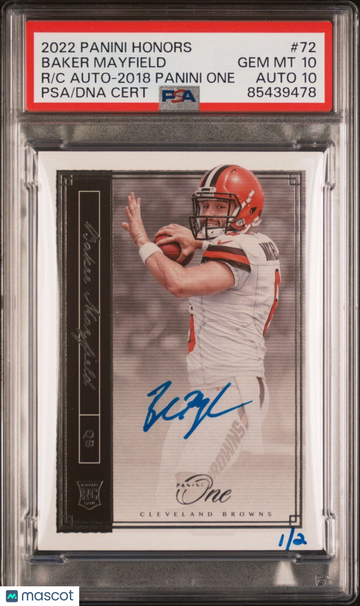 Graded PSA 10 2018 Panini Baker Mayfield #72 2018 One 1/2 Rookie Auto 10 Football Card