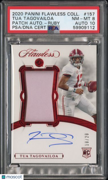 2020 Panini Flawless Collegiate Tua Tagovailoa #157 Patch Autograph Ruby PSA 8 Auto 10