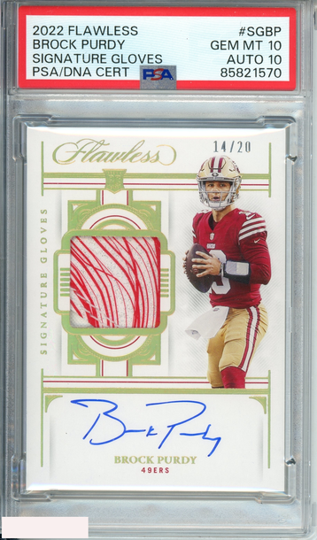 2022 FLAWLESS BROCK PURDY#SGBP  SIG GLOVES 14 OF 20  RC PSA 10 GEM MT AUTO10
