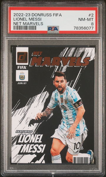 2022 DONRUSS PANINI FIFA NET MARVELS LIONEL MESSI #2 PSA 8