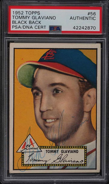 1952 Topps Baseball Tommy Glaviano #56 Black Back PSA A AUTO A NICELY CENTERED