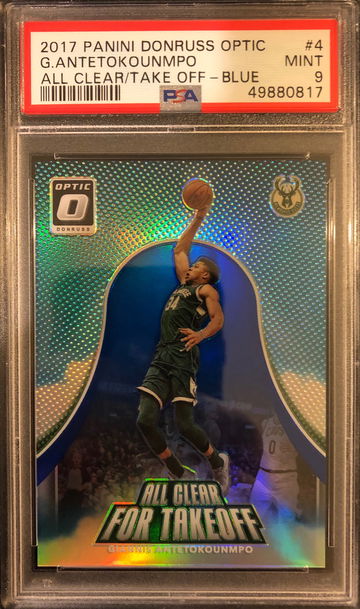 Giannis Antetokounmpo 2017-18 Donruss Optic All Clear For Takeoff Blue SP /49 PSA 9 Mint 