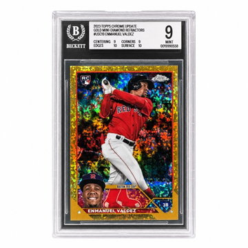 2023 Topps Chrome USC19 Enmanuel Valdez Gold Mini-Diamond Refractors Gold Rookie /50 Beckett 9 Mint Boston Red Sox