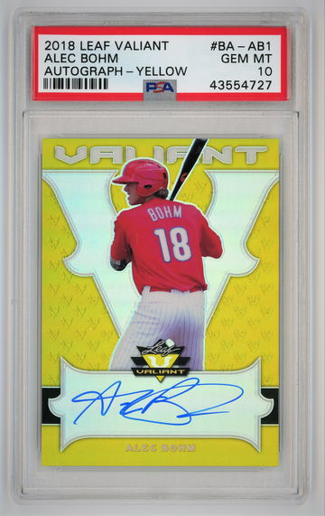 2018 Leaf Valiant Autograph Yellow /10 Alec Bohm PSA 10 Pop 1!!