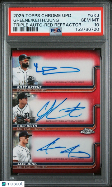 2025 Topps Chrome Update Jace Jung Riley Greene Colt Keith #GKJ Red Refractor Parallel/Variety PSA 10 Topps