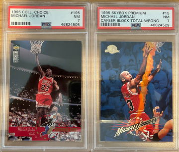 Lot of 2 1995 Michael Jordan GOAT - Collector's Choice 195 and Skybox Premium ERROR #15 PSA 7 NM