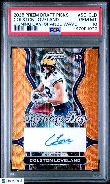 2025 Panini Prizm Draft Picks Signing Day Colston Loveland #SD-CLD Orange Wave PSA 10