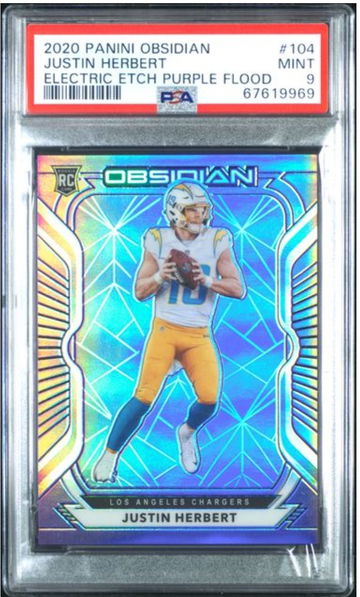 2020 Panini Obsidian #104 Justin Herbert Electric Etch Purple Flood  8/16 PSA 9