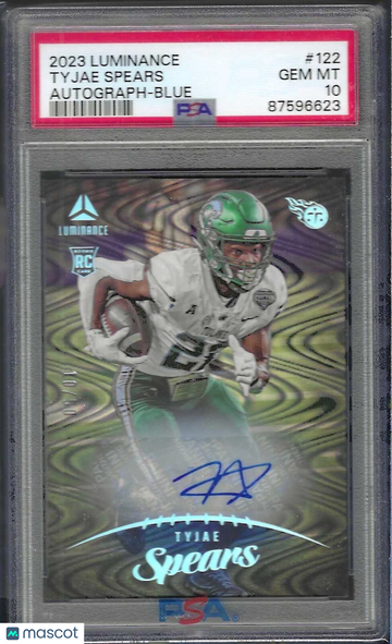 2023 Panini Luminance Tyjae Spears #122 Autograph Blue PSA 10
