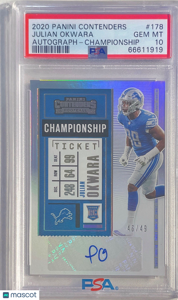 2020 Panini Contenders Julian Okwara #178 Autograph Championship PSA 10