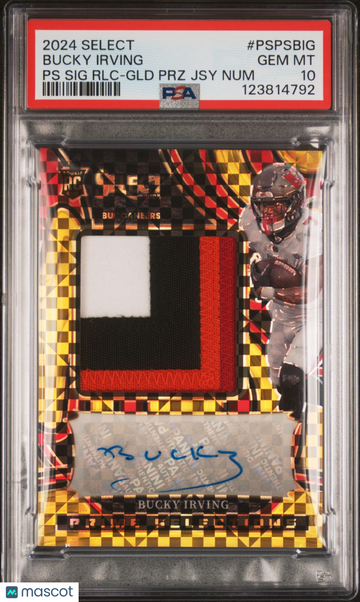 2024 Panini Select Prime Selections Signature Relics Bucky Irving #PSPSBIG Ps Sig Rlc-Gld Prz Jsy Num PSA 10