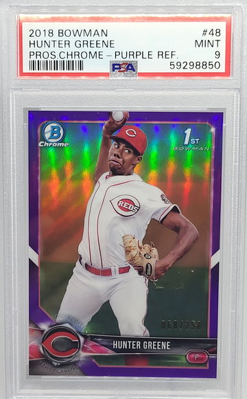 2018 Bowman #BCP48 Hunter Greene Purple Refractor RC #68/250 PSA 9 Reds