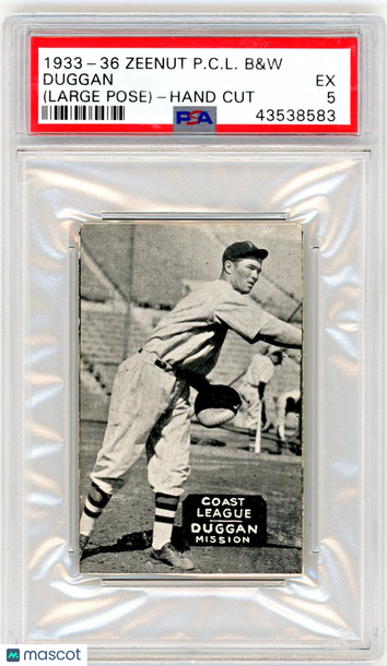 1933-36 Zeenut Pacific Coast League B&W Duggan (Large Pose) Hand Cut PSA 5
