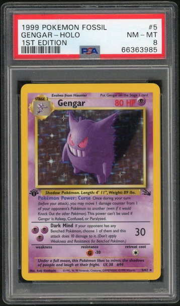 1999 Pokemon Fossil 1st Edition Holo Gengar #5 PSA 8