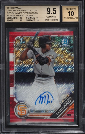 Marco Luciano 2019 Bowman Prospect Chrome Autograph Red Shimmer Refractor #/5 , BGS 9.5 , 10 Auto
