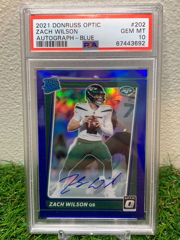2021 Zach Wilson Donruss Optic Blue Holo On Card AUTO PSA 10