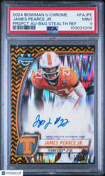 2024 Bowman University Chrome Bowman Chrome Prospect Autographs James Pearce Jr. #PAJPE Prspct Au-B&G Stealth Ref PSA 9