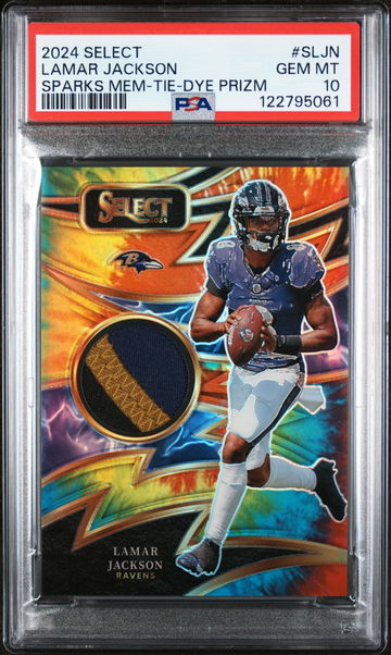 2024 Panini Select Sparks Tie-Dye Prizm Lamar Jackson #S-LJN Patch /25 PSA 10