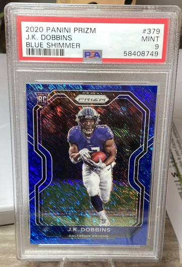 2020 Panini Prizm J K. Dobbins Blue Shimmer  #/25 RC Ravens PSA 9