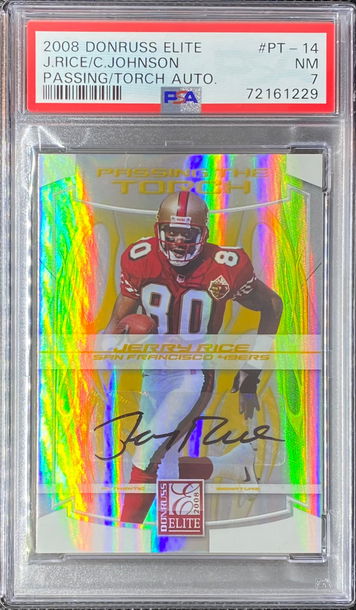 2007 Donruss Elite Passing the Torch Jerry Rice Calvin Johnson Dual Auto #/25 PSA 7 NM