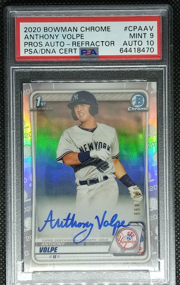 Anthony Volpe 2020 Bowman Chrome 1st Prospect Refractor Auto #/499 PSA 9 Auto 10
