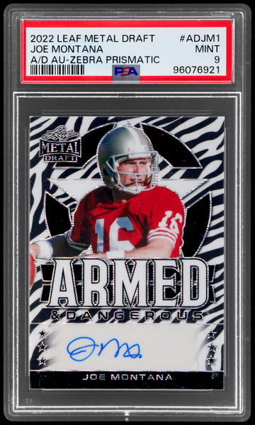 2022 Leaf Metal Draft Joe Montana Armed And Dangerous Autograph Zebra Prismatic PSA 9