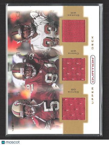 2001 Upper Deck Ovation Training Gear Terrell Owens Jeff Garcia J.J. Stokes #TT-GB Triple Jersey Patch