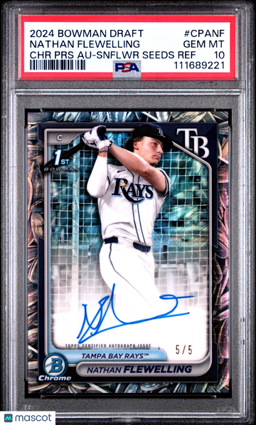 2024 Bowman Draft Chrome Prospect Autographs Nathan Flewelling #CPANF PRS Snflwr Seeds Ref /5 PSA 10