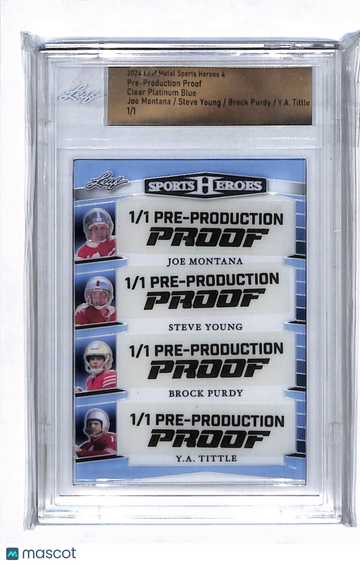 2024 Leaf Metal Sports Heroes Y.A. Tittle Joe Montana Steve Young Brock Purdy Clear Platinum Blue Pre-Production Proof