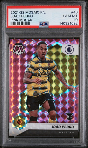 2021 PANINI MOSAIC PREMIER LEAGUE JOAO PEDRO /25 PINK MOSAIC #46 ROOKIE PSA 10