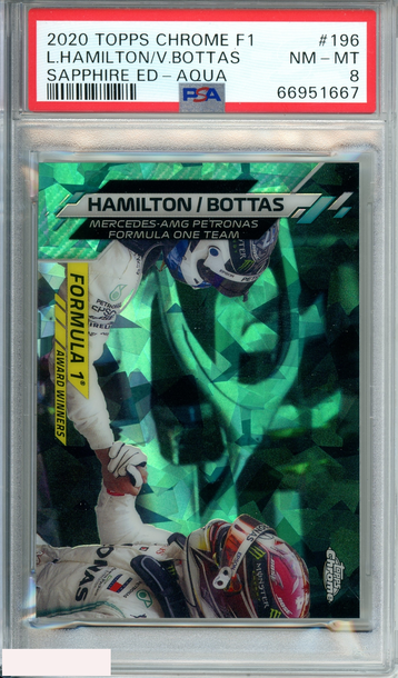 2020 TOPPS CHROME F1 L HAMILTON V BOTTAS#196 SAPPHIRE ED-AQUA 81 OF 99 PSA 8
