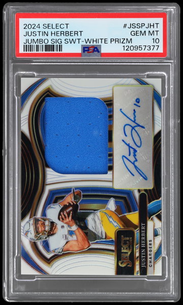 2024 Panini Select Justin Herbert Jumbo Signature Swatches White Prizm PSA 10
