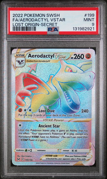 2022 Pokemon Sword and Shield Lost Origin Secret Rare Aerodactyl Vstar #199 PSA 9