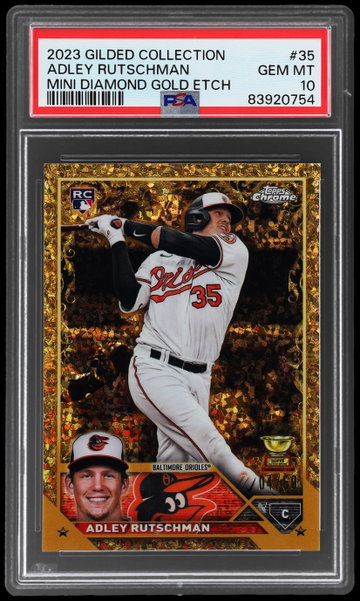 2023 Topps Gilded Collection Adley Rutschman Gold Etch Mini Diamond Refractor PSA 10
